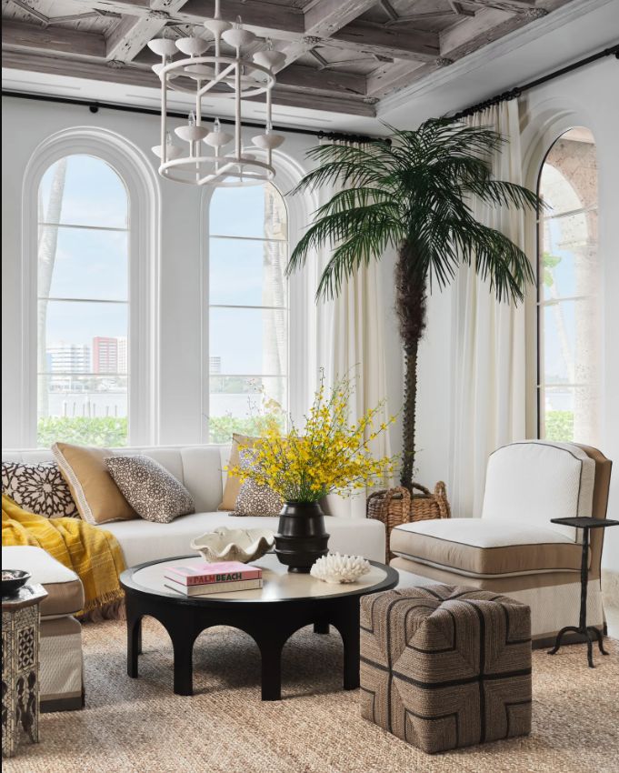 Luxurious living room setting showcasing high-end furniture and decor, including plush seating, elegant chandelier, and tropical plant accents.