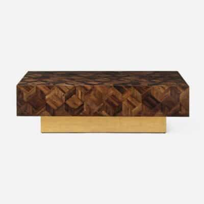Rectangular block coffee table in banana bark finish with gold raffia base.