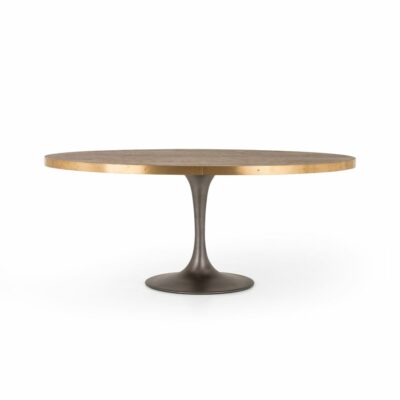 Stylish oval dining table with grey iron tulip base.
