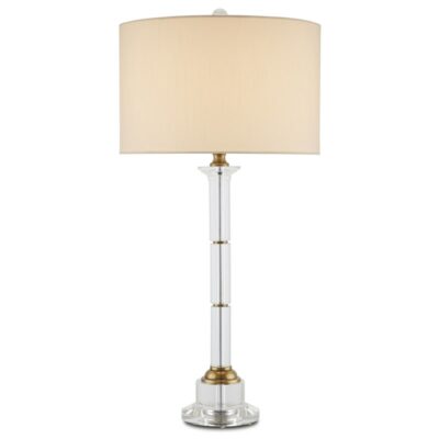 Stunning crystal and brass column table lamp in antique finish, featuring off-white shantung shade.