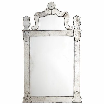 Antiqued glass mirror with curved top in Harriet design, heavily ornamented border.