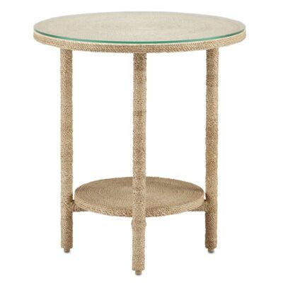 Large round rope side table with glass top and round bottom shelf, perfect for drinks or storage in Los Angeles.
