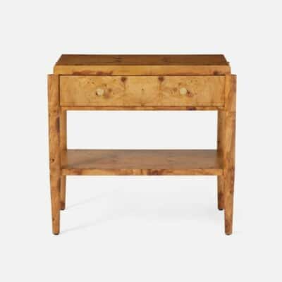 Large elegant nightstand in rich burlwood, featuring a luxurious textured gold drawer pull.