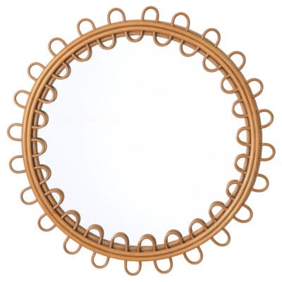 Front view of round mirror with scalloped edge in mid-century style rattan design.