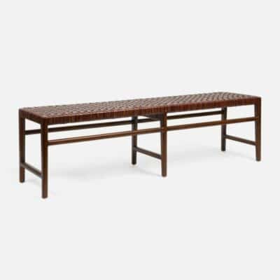 Long woven leather bench with wooden frame in chestnut color