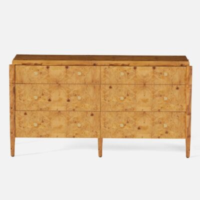 Gorgeous double dresser with Mappa Burlwood inlay, featuring elegant textured gold drawer pulls.