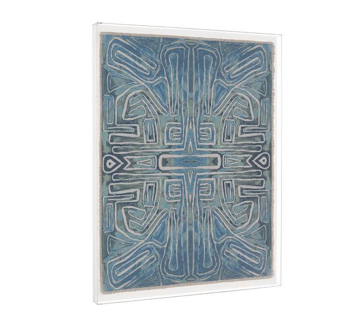 Metaphor II Reproduction Art in acrylic shadow box, showcasing intricate blue design on fabric mounted on raw canvas.