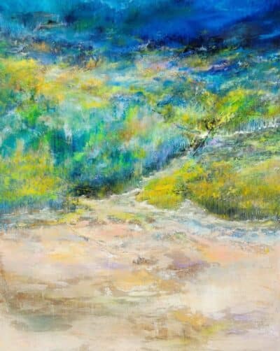 Stormy beach scene in vibrant hues on canvas, evoking the power of nature.