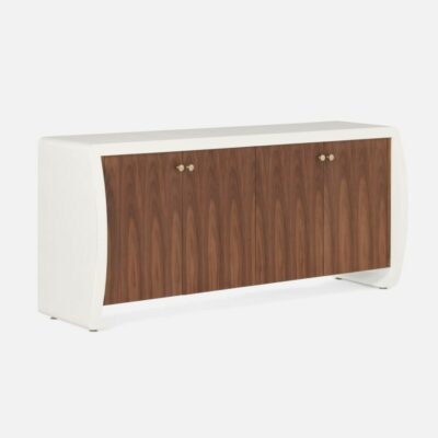 Stylish Veneto buffet featuring faux shagreen in pristine vintage white with soft-close wood grain doors in light bleached oak or walnut veneer