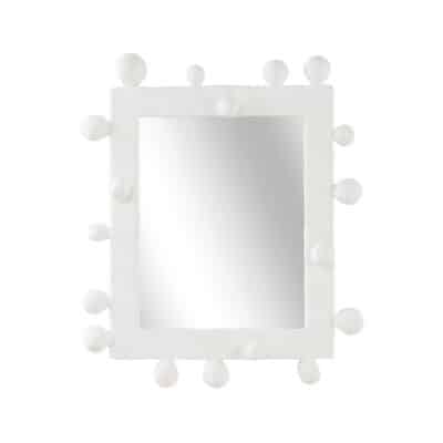 White mirror with decorative balls on frame, ready for vertical hanging.