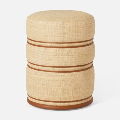 Leather Trimmed Raffia Drum Stool