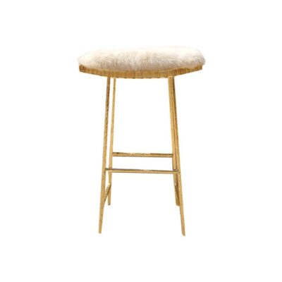 Gold leaf iron bar stool with hide seat, featuring an elegant design and luxurious materials.