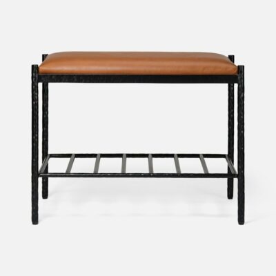 Small Hammered Iron and Leather Bench