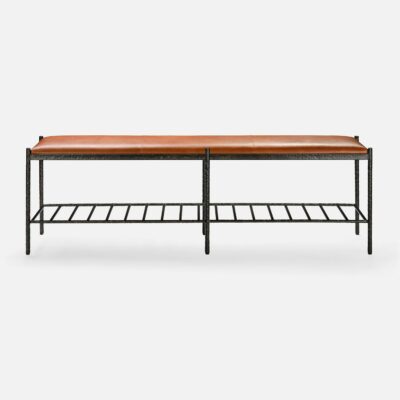 Large Hammered Iron and Leather Bench