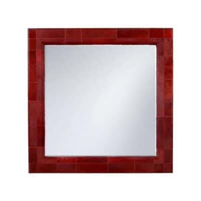 Close-up of Tauro Patterned Red Hair on Hide Wall Mirror featuring double stitch detail in modern quilted pattern.