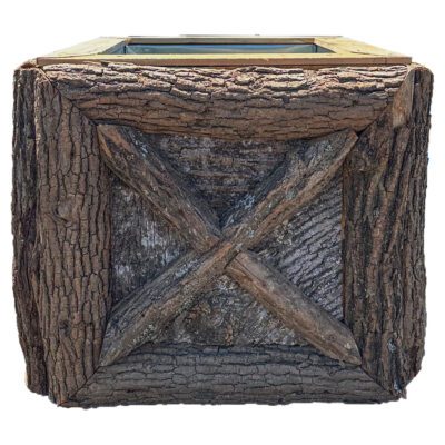 Close-up of Pisgah Planter Box, rich dark wood with unique weathering patterns.