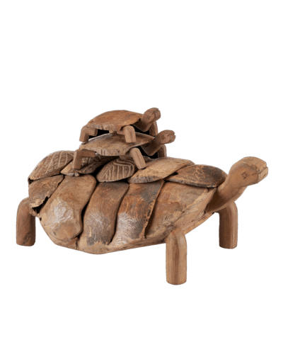 Set of three stacked natural wood turtles, varying in size and shape, creating a unique decorative piece.