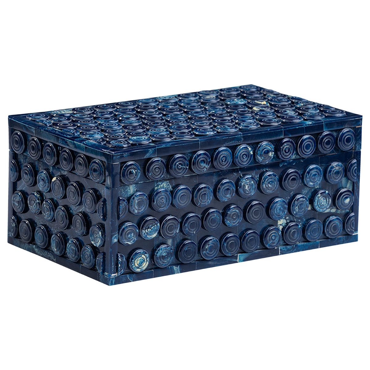 Bottle-like decorative box, close-up front view with dark blue glass panels and intricate designs on a black frame.