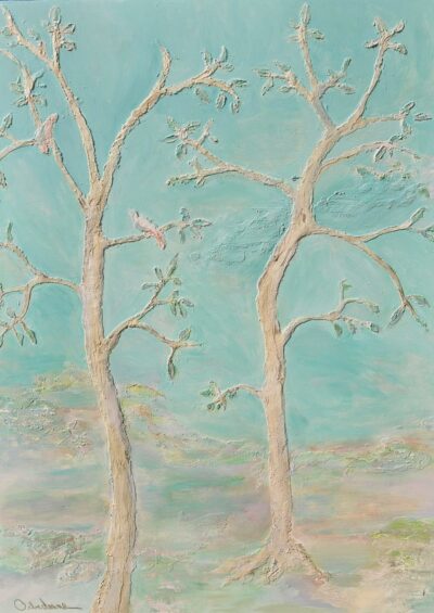 Ethereal Landscape Original Art featuring two bare trees painted in light blue tones with subtle hints of pink on trunks and branches