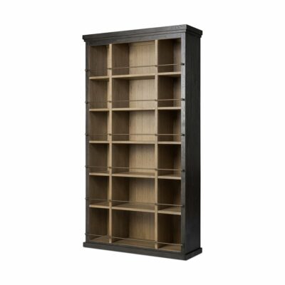 Alistair Bookcase, front view - Brushed brass railings accentuate its Worn Oak Veneer design.