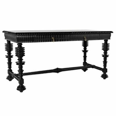 Close-up of small Rio mahogany desk with hand rubbed black finish, available in multiple colors and sizes.