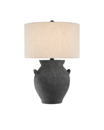 Close-up of Malaga Black Terracotta Table Lamp with Wrought Iron Accents and Natural Linen Shade.