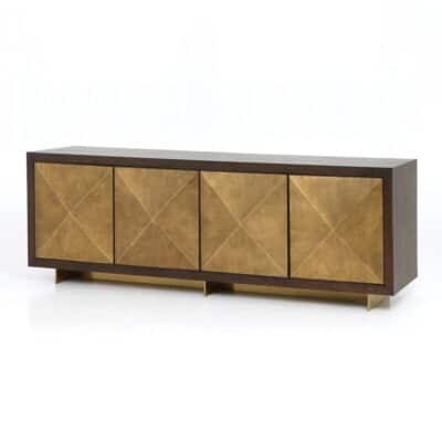 Close-up of Four Door Brass and Walnut Buffet featuring faceted brass-clad panels with dark walnut frame.