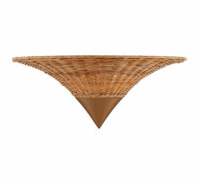 Woven rattan light fixture, bronze-finished iron base, three lights.