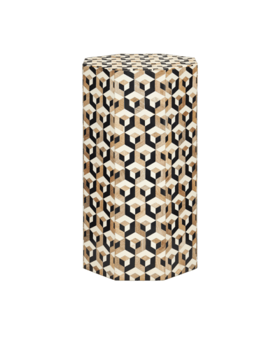 Multi-colored side table with geometric pattern, crafted from mango wood and bone accents.