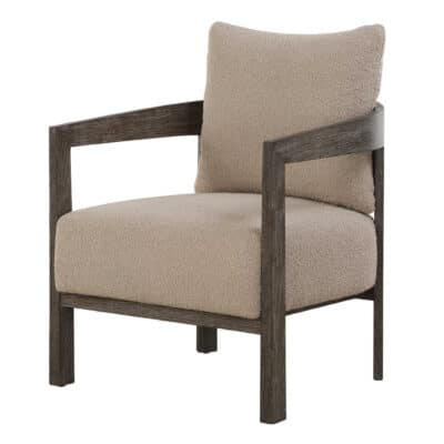 Close-up of Giorgio Boucle Barrel Chair with dark oak frame and light brown boucle fabric.