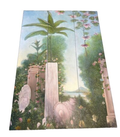 Close-up of Botanicals Triptych Original Art, a set of three handpainted panels showcasing lush greenery and flowers.