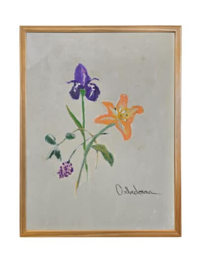 Iris and Daylily Original Art by Orbedonna framed acrylic on canvas close-up view highlighting vibrant floral details against a neutral background with