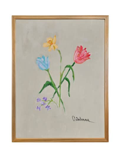 Framed floral art with vibrant tulips and daffodils, painted in acrylic on canvas by Orbedonna.