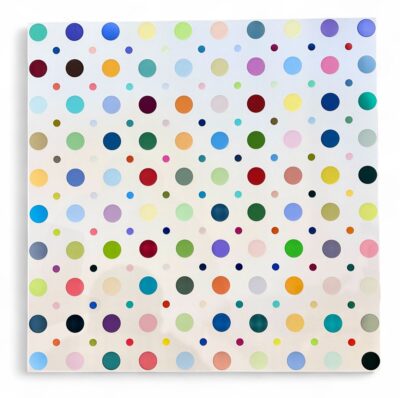 Brightly colored dots on canvas art piece, front view.