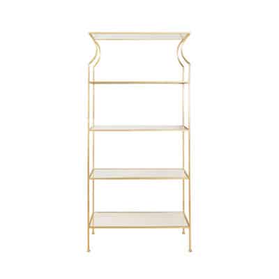 Elegant Dorothy Flared Top Gold Leaf Etagere with clear glass shelves, showcasing its stylish design and high-quality materials.