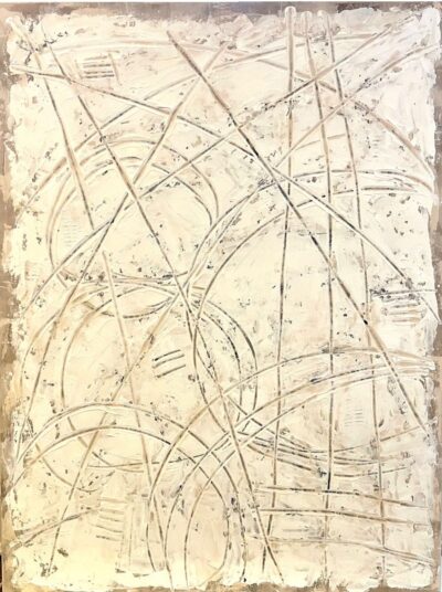 Alt Text: "Abstract art featuring swirling lines in acrylic, ink, and mixed media on canvas