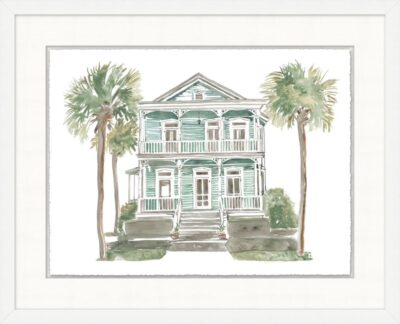 Watercolor art of a beach home in Palm Beach, framed with a white matte frame.
