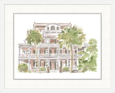 Beach Home 1 Reproduction Art, Limited Edition Watercolor, Floated on Mat with Floated Top Mat and 3″ White Matte Frame