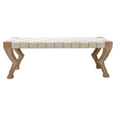 Front view of Small Flicka Wood Bench featuring elegant hoof legs in a dark wood finish, available in ivory or puddle leather.
