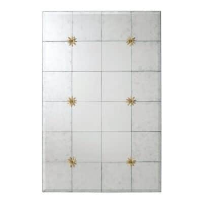 Close-up of Etienne Eglomise Mirror with Panels, featuring elegant white marble and striking gold floral accents.