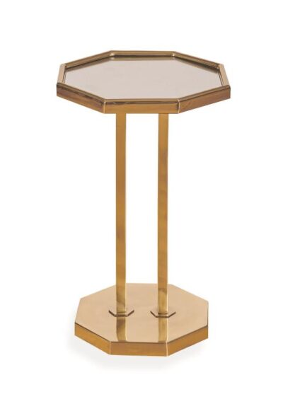 Close-up of golden Parsons etagere with natural raffia top in Palm Beach style.