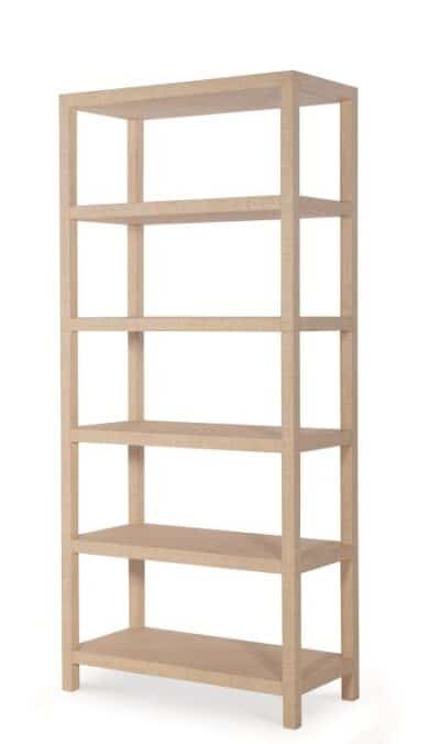 Front view of a tall, natural raffia Parsons etagere with a sleek design and neutral tones.