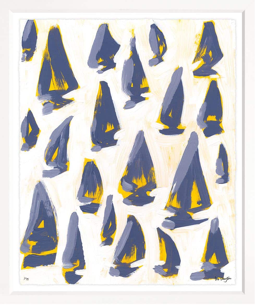 Yellow sailboat art on white background, limited edition giclee print in contemporary frame by Liz Clayton, signed by artist.