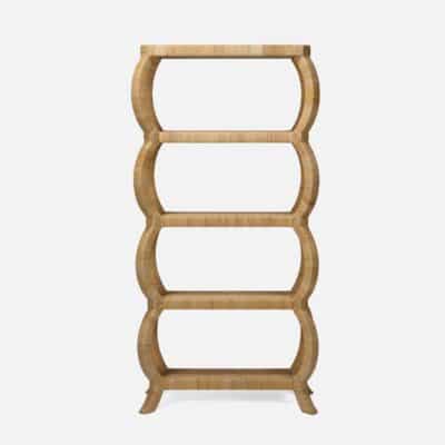 Close-up of Rattan Bookcase with Curved Exaggerated Frame, showcasing natural peeled material and sleek design.