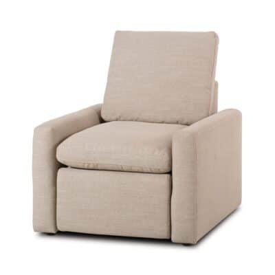 Close-up of Tillery Power Recliner Accent Chair in Crypton Nomad Taupe, showcasing plush cushioning and sleek design.