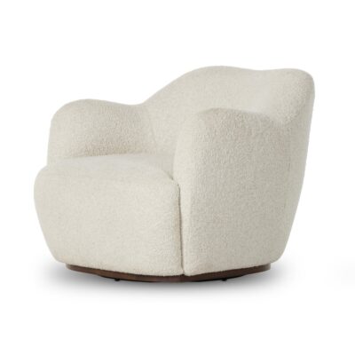 Front view of plush ivory swivel chair with yarn-like pile and 360 degree rotation.