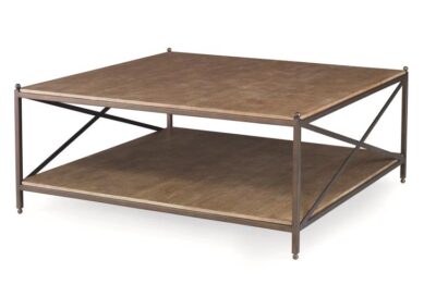 Two-Tier Coffee Table in Bronze Metal Frame with Oak Veneers, Showcasing Ball Decor on Top Tier.