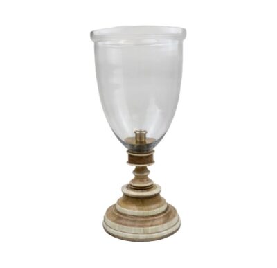 Close-up of Clear Glass Hurricane with Oak/Camel Bone Inlaid Base, colors vary including Amethyst, Artichoke, etc.