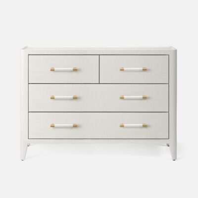 Close-up of Fergie Natural Raffia Dressers with large gold-trimmed handles in white, dove gray or taupe raffia.