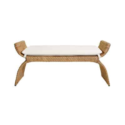 Arched Woven Water Hyacinth Bench with Performance Ivory Linen Cushion